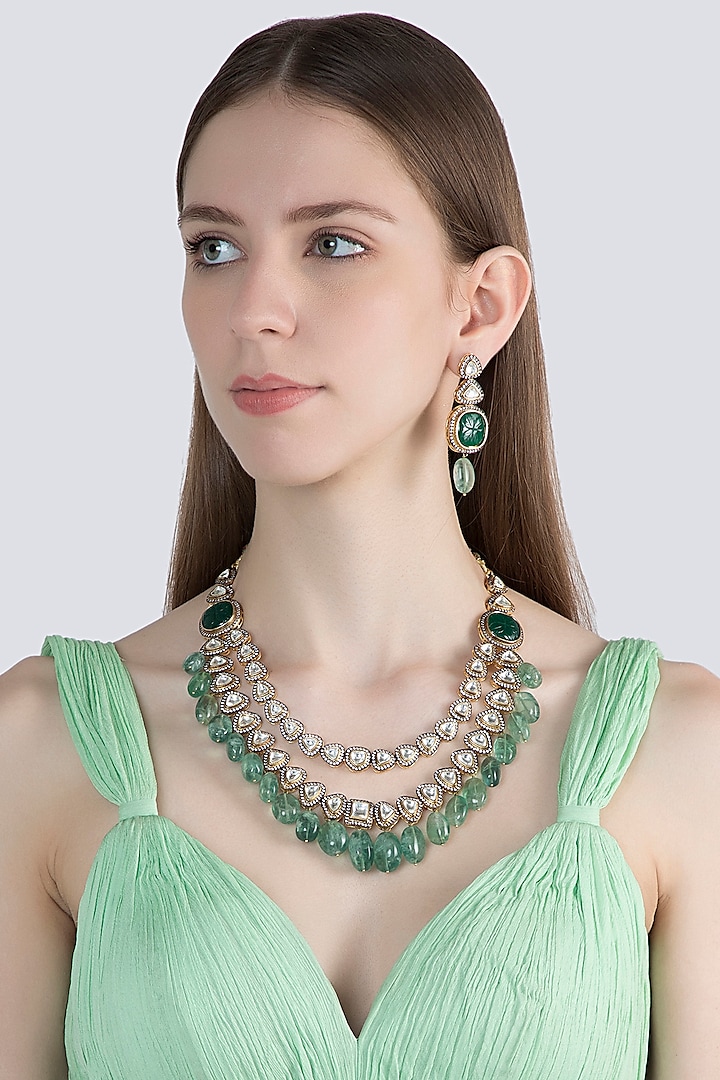 Gold Finish Kundan Polki & Green Stone Layered Necklace Set by VASTRAA Jewellery