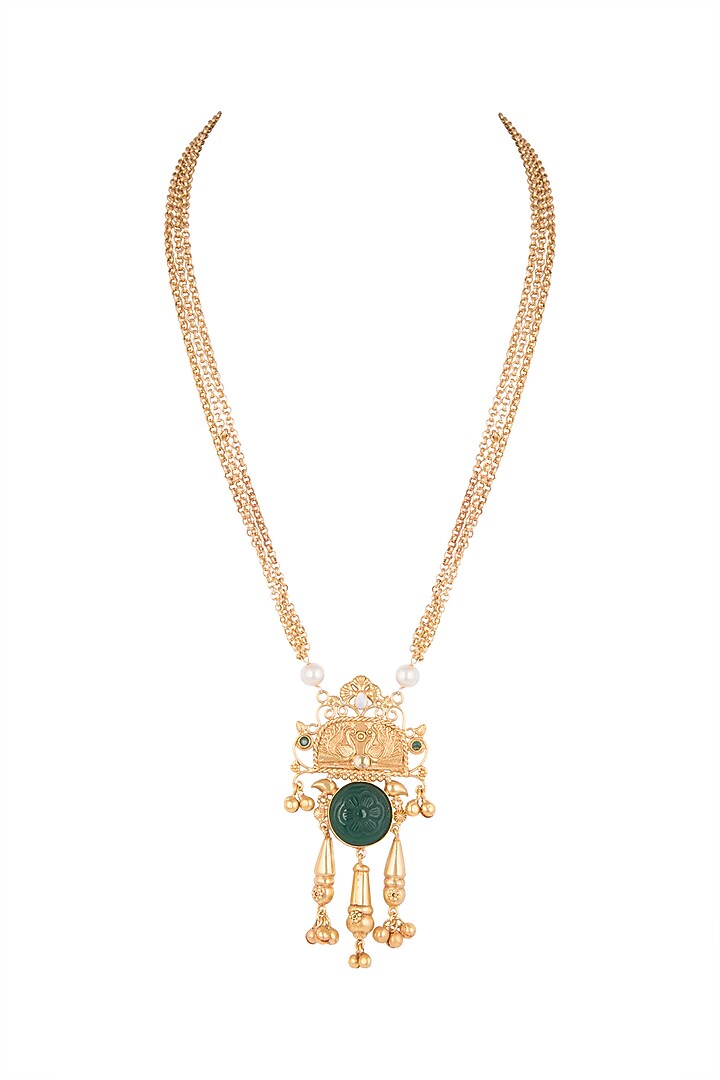 Gold Finish Green Stone & Faux Pearl Pendant Chain Necklace by VASTRAA Jewellery at Pernia's Pop Up Shop