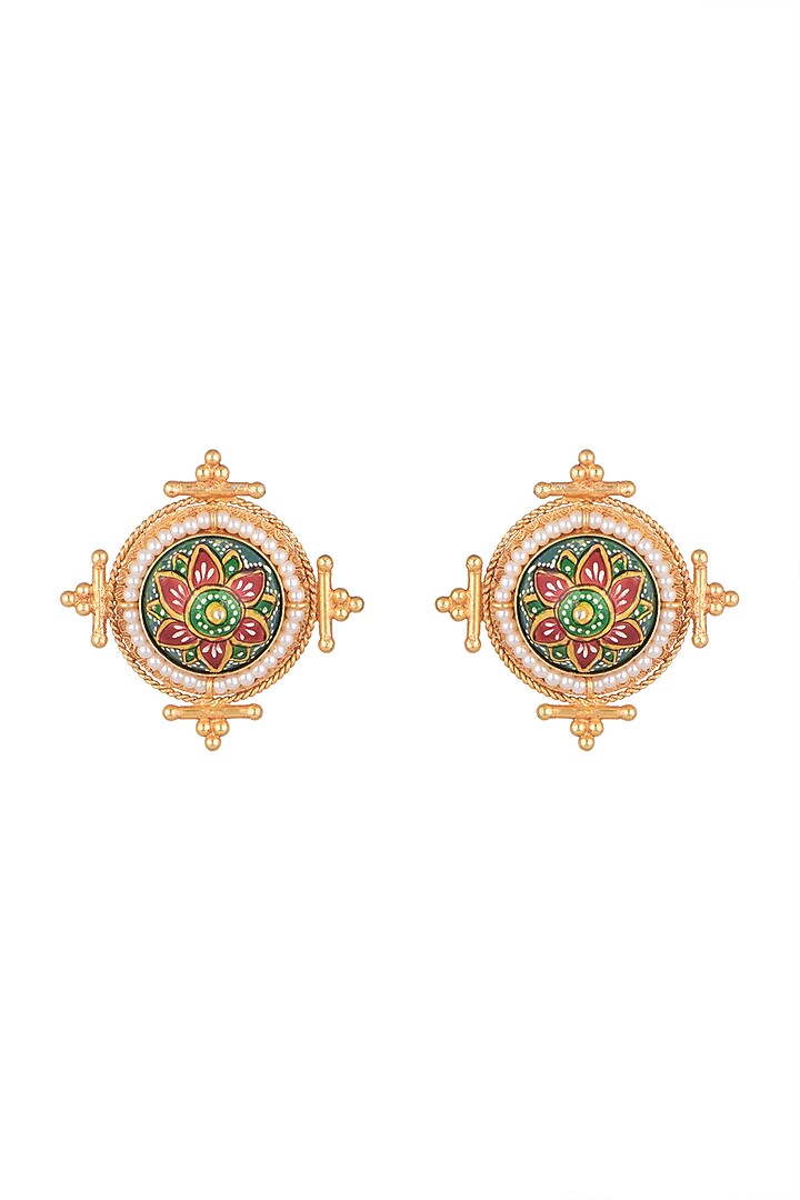 Gold Finish Faux Pearl Meenakari Stud Earrings by VASTRAA Jewellery at Pernia's Pop Up Shop