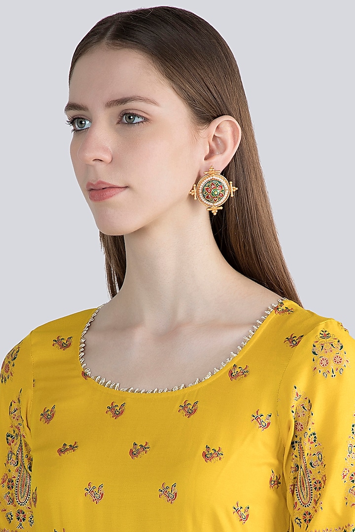 Gold Finish Faux Pearl Meenakari Stud Earrings by VASTRAA Jewellery