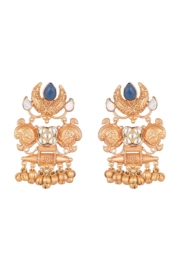Gold Finish Kundan Polki & Blue Stone Earrings by VASTRAA Jewellery at Pernia's Pop Up Shop