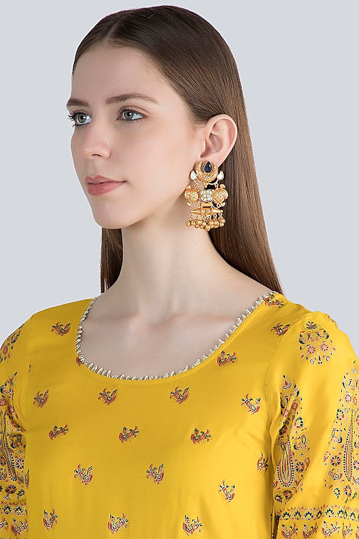 Gold Finish Kundan Polki & Blue Stone Earrings by VASTRAA Jewellery
