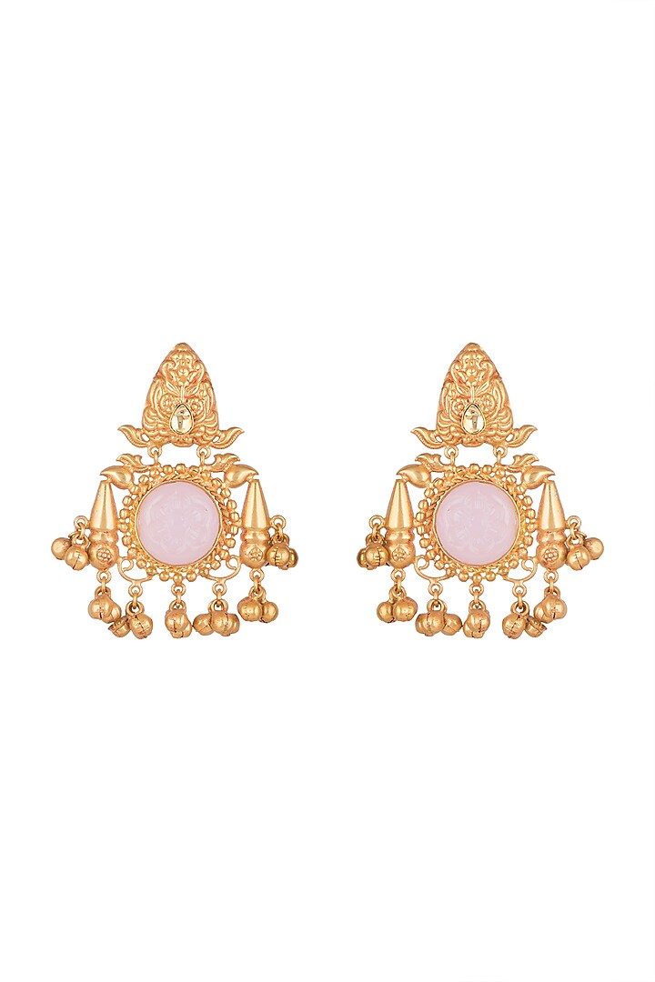 Gold Finish Kundan Polki & Pink Stone Earrings by VASTRAA Jewellery at Pernia's Pop Up Shop