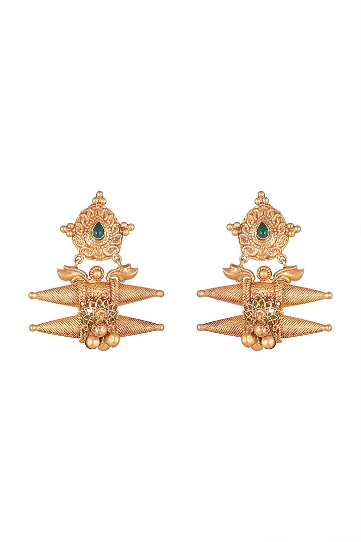 Gold Finish Green Stone Earrings by VASTRAA Jewellery at Pernia's Pop Up Shop