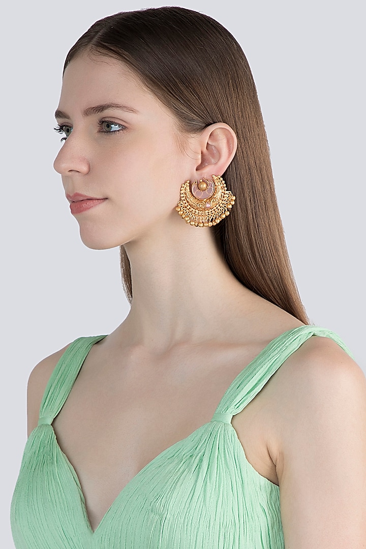 Gold Finish Pink Stone Earrings by VASTRAA Jewellery