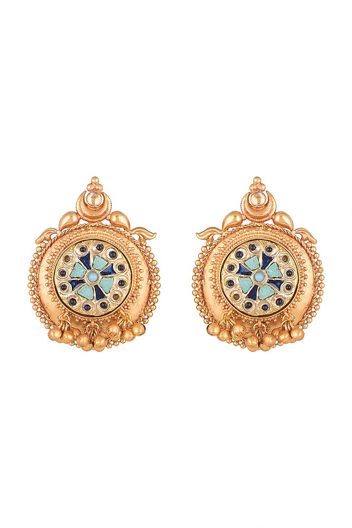 Gold Finish Dark Blue & Turquoise Blue Stone Stud Earrings by VASTRAA Jewellery at Pernia's Pop Up Shop