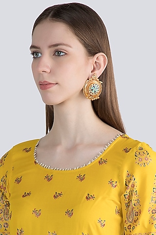 Gold Finish Dark Blue & Turquoise Blue Stone Stud Earrings by VASTRAA Jewellery