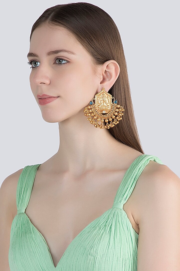 Gold Finish Turquoise Blue Stone Earrings by VASTRAA Jewellery