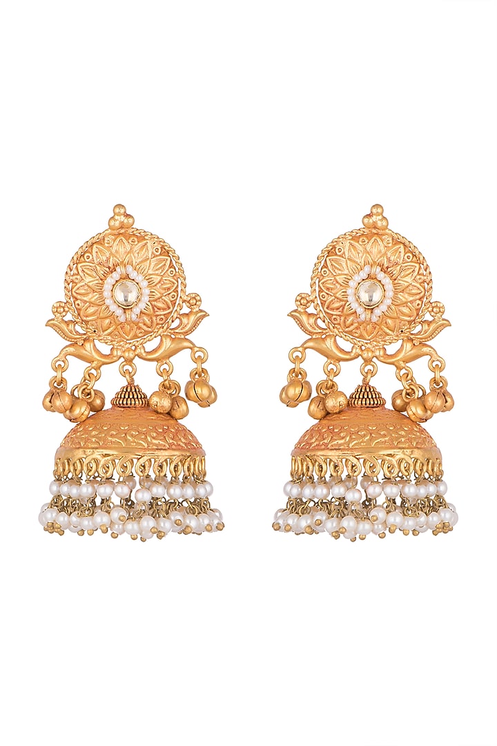 Gold Finish Faux Pearl Jhumka Earrings by VASTRAA Jewellery at Pernia's Pop Up Shop