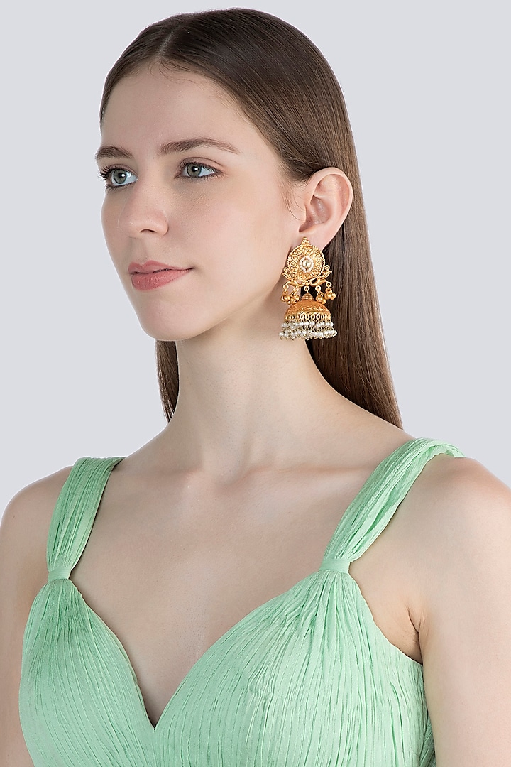 Gold Finish Faux Pearl Jhumka Earrings by VASTRAA Jewellery