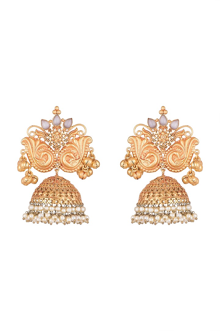 Gold Finish Faux Pearl Jhumka Earrings by VASTRAA Jewellery at Pernia's Pop Up Shop