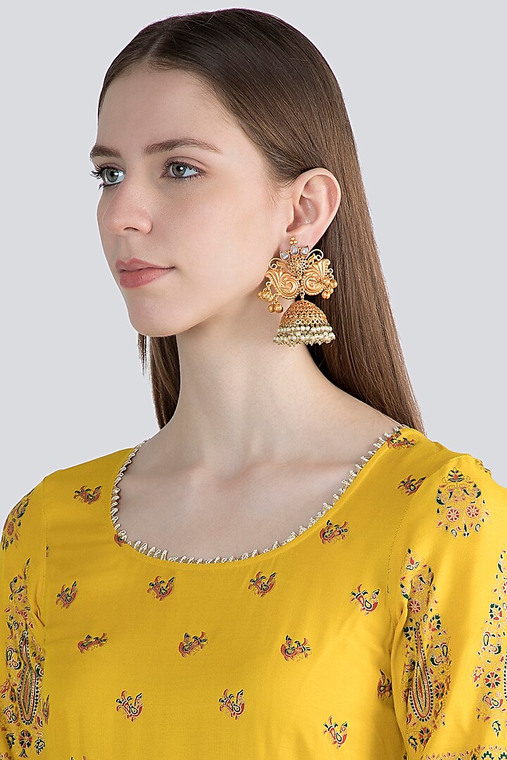 Gold Finish Faux Pearl Jhumka Earrings by VASTRAA Jewellery