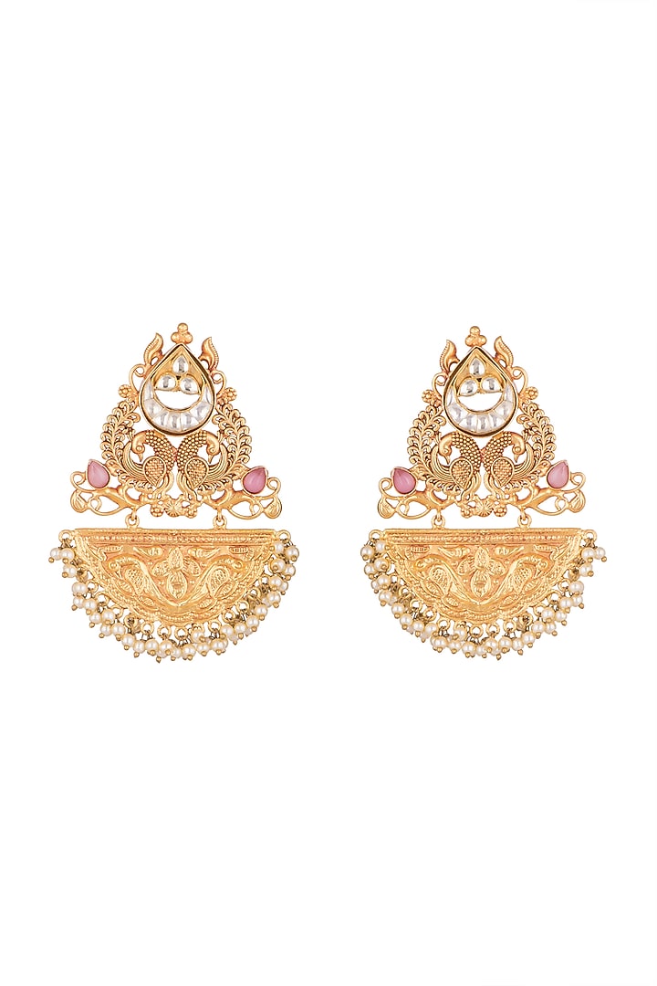 Gold Finish Kundan Polki & Pink Stone Earrings by VASTRAA Jewellery at Pernia's Pop Up Shop