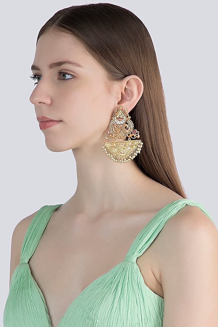 Gold Finish Kundan Polki & Pink Stone Earrings by VASTRAA Jewellery