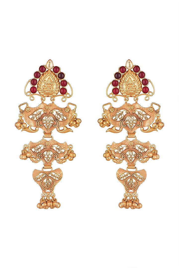 Gold Finish Red Stone Antique Style Earrings by VASTRAA Jewellery at Pernia's Pop Up Shop