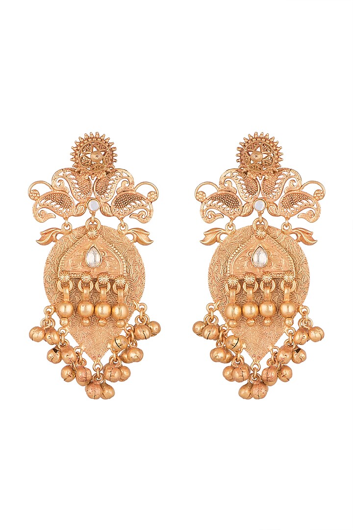 Gold Finish Antique Style Long Earrings by VASTRAA Jewellery at Pernia's Pop Up Shop