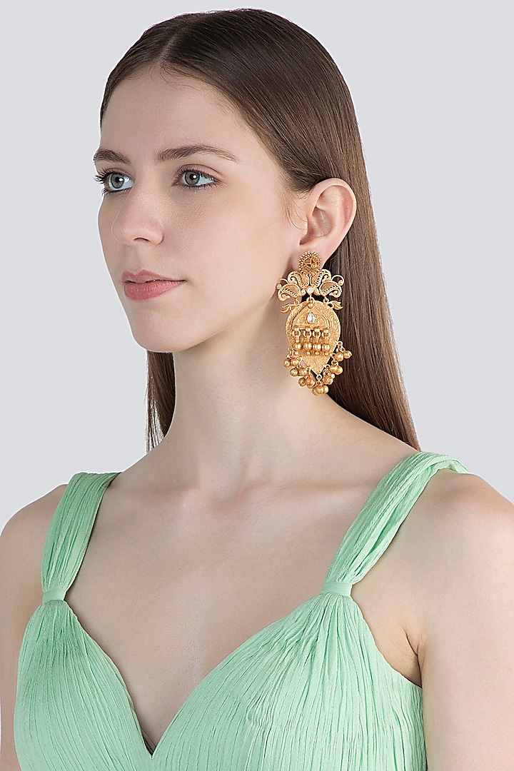 Gold Finish Antique Style Long Earrings by VASTRAA Jewellery