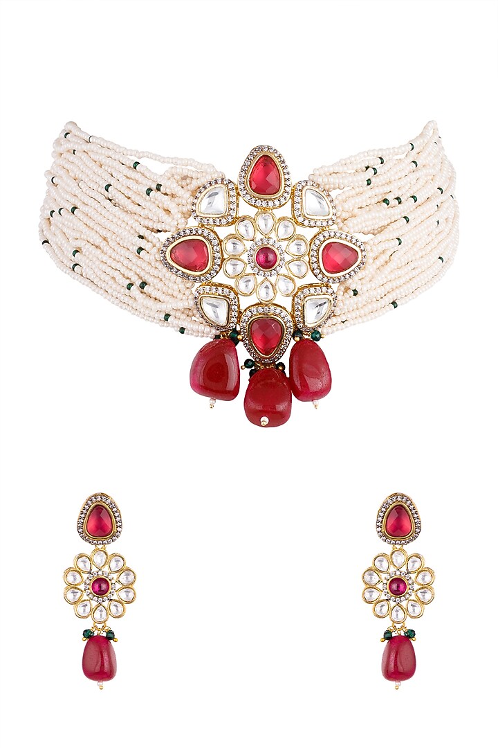 Gold Finish Kundan Polki & Faux Pearl Choker Necklace Set by VASTRAA Jewellery at Pernia's Pop Up Shop