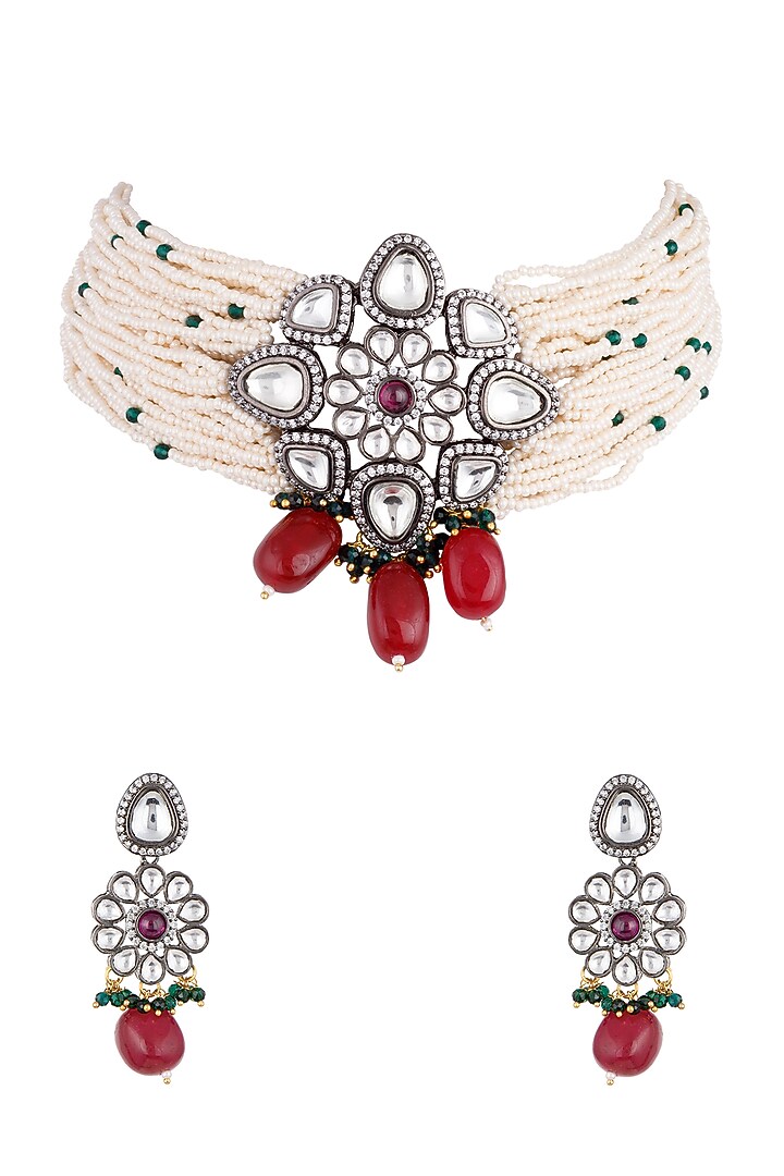 Black Rhodium Finish Kundan Polki Choker Necklace Set by VASTRAA Jewellery at Pernia's Pop Up Shop