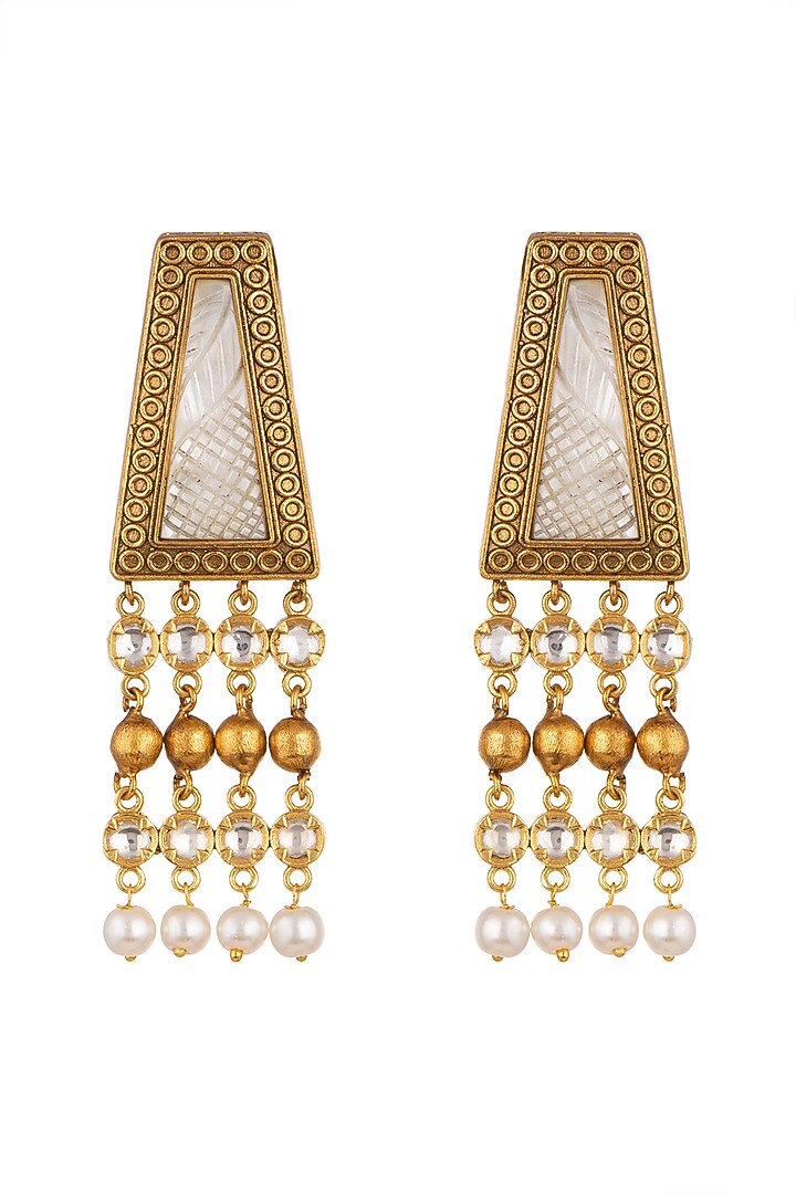 Gold Finish Kundan Polki & White Stone Earrings by VASTRAA Jewellery at Pernia's Pop Up Shop