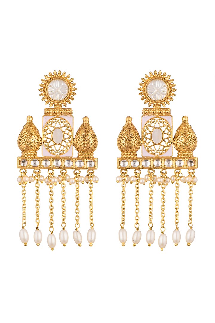 Gold Finish Kundan Polki & White Stones Earrings by VASTRAA Jewellery at Pernia's Pop Up Shop