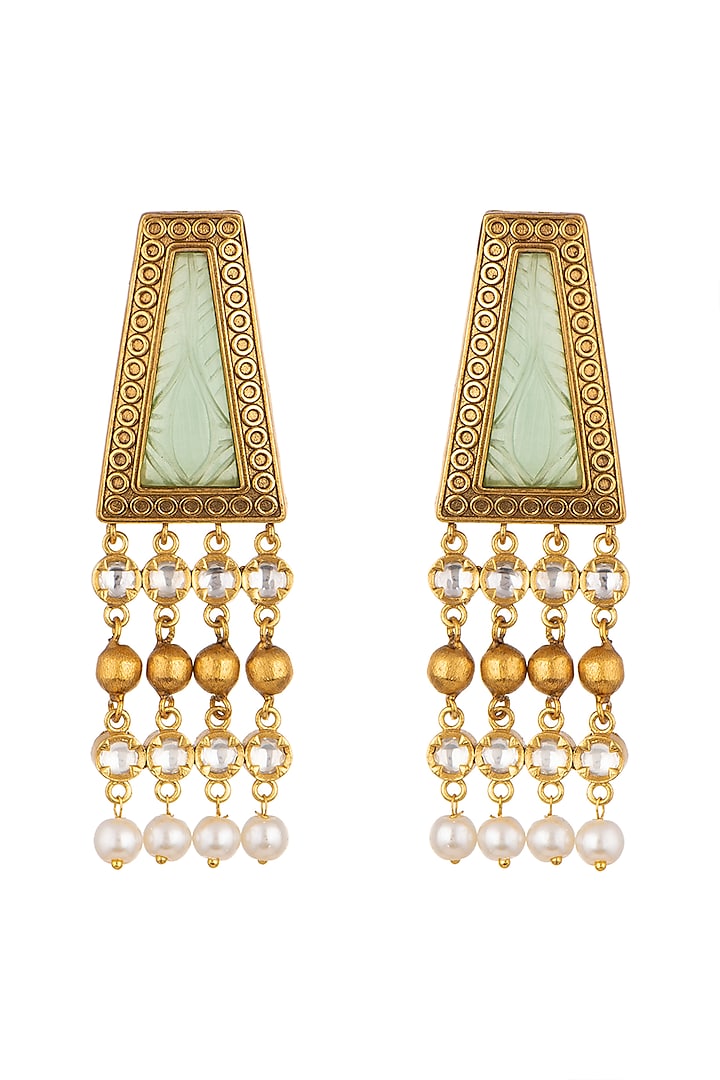 Gold Finish Kundan Polki & Mint-Colored Stone Earrings by VASTRAA Jewellery
