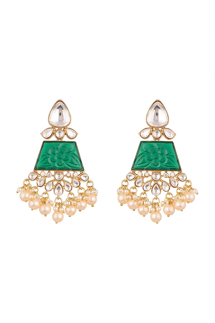 Gold Finish Kundan Polki & Green Stone Earrings by VASTRAA Jewellery