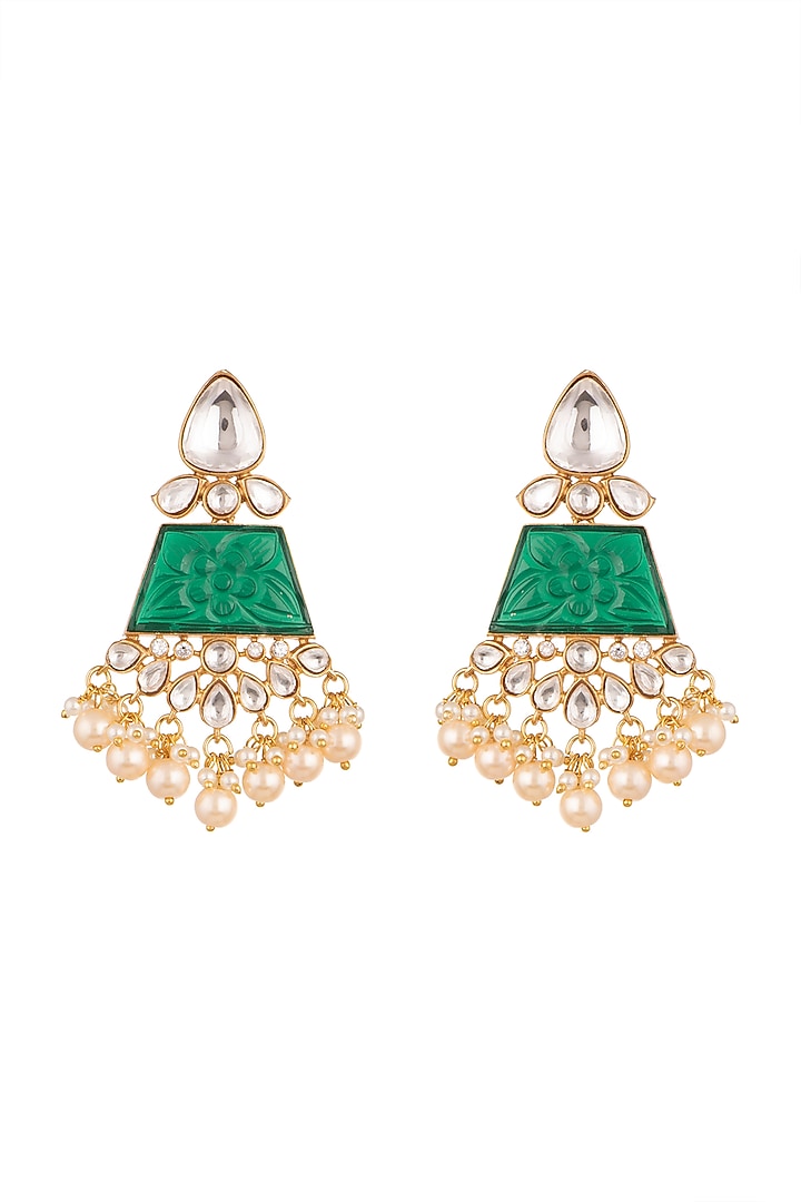 Gold Finish Kundan Polki & Green Stone Earrings by VASTRAA Jewellery at Pernia's Pop Up Shop