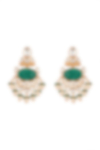 Gold Finish Kundan Polki & Green Stones Earrings by VASTRAA Jewellery