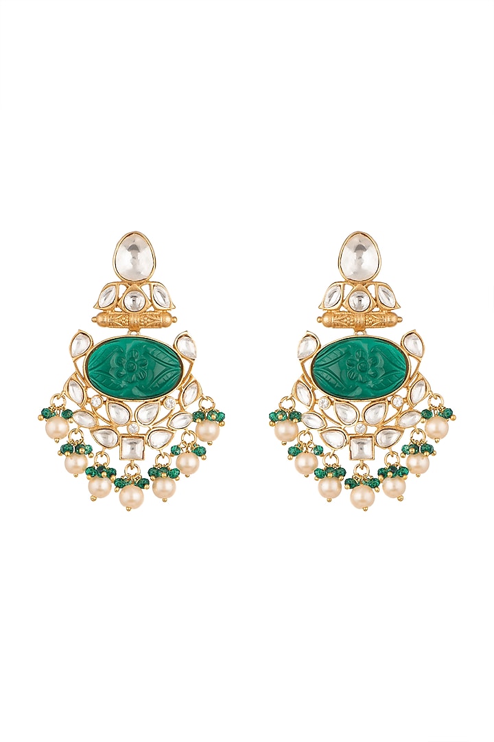 Gold Finish Kundan Polki & Green Stones Earrings by VASTRAA Jewellery