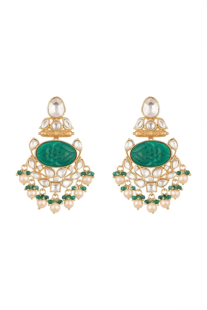 Gold Finish Kundan Polki & Green Stones Earrings by VASTRAA Jewellery at Pernia's Pop Up Shop