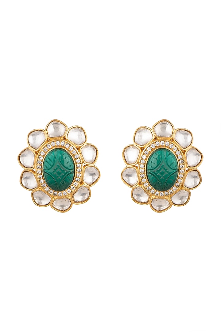 Gold Finish Kundan Polki & Green Stone Earrings by VASTRAA Jewellery at Pernia's Pop Up Shop