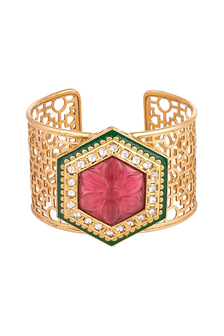 Gold Finish Red Stone Meenakari Open Cuff Bracelets by VASTRAA Jewellery at Pernia's Pop Up Shop