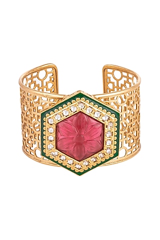 Gold Finish Red Stone Meenakari Open Cuff Bracelets by VASTRAA Jewellery
