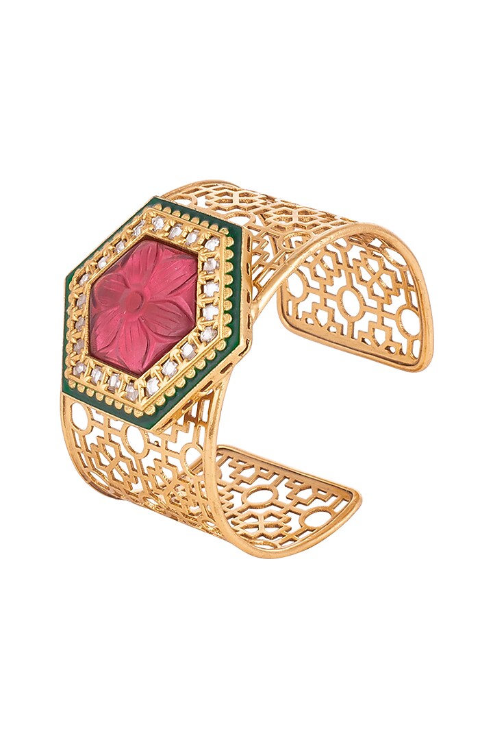 Gold Finish Red Stone Meenakari Open Cuff Bracelets by VASTRAA Jewellery at Pernia's Pop Up Shop