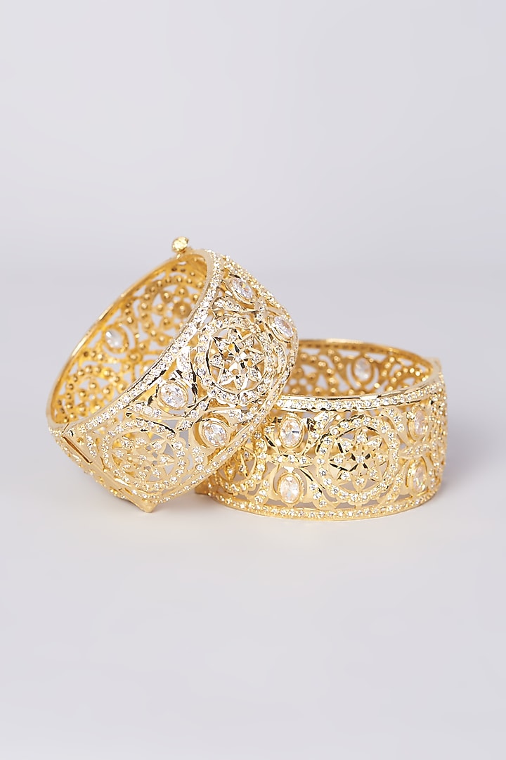 Gold Finish Kundan Polki Bangles (Set of 2) by VASTRAA Jewellery at Pernia's Pop Up Shop