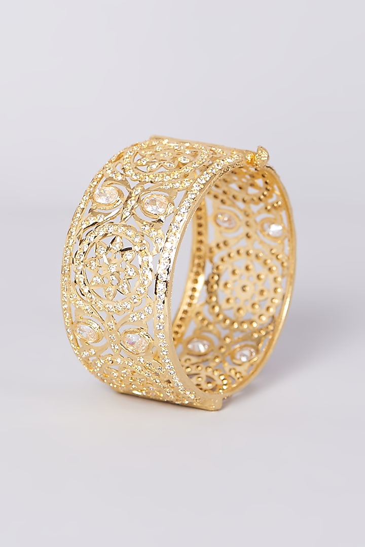 Gold Finish Kundan Polki Bangles (Set of 2) by VASTRAA Jewellery at Pernia's Pop Up Shop