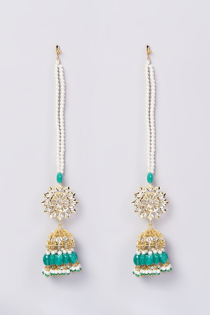 Gold Finish Kundan Polki & Green Drop Jhumka Earrings by VASTRAA Jewellery at Pernia's Pop Up Shop