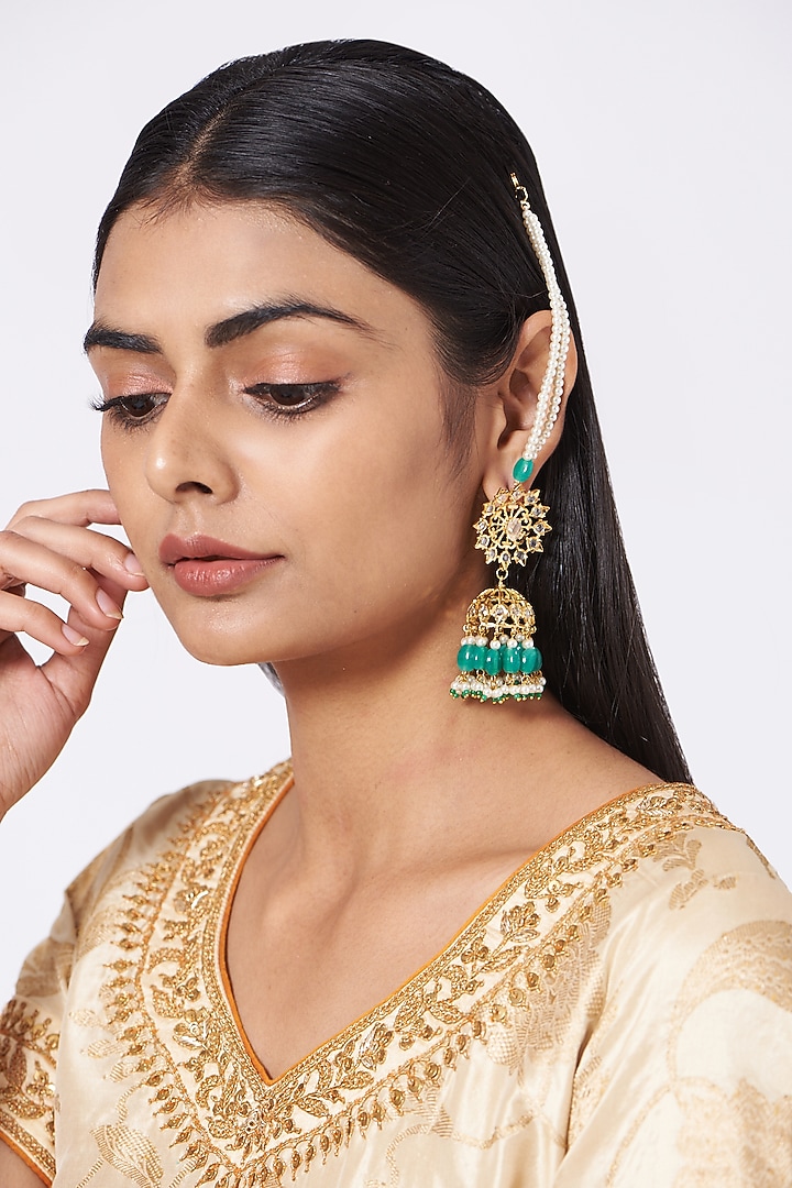 Gold Finish Kundan Polki & Green Drop Jhumka Earrings by VASTRAA Jewellery at Pernia's Pop Up Shop
