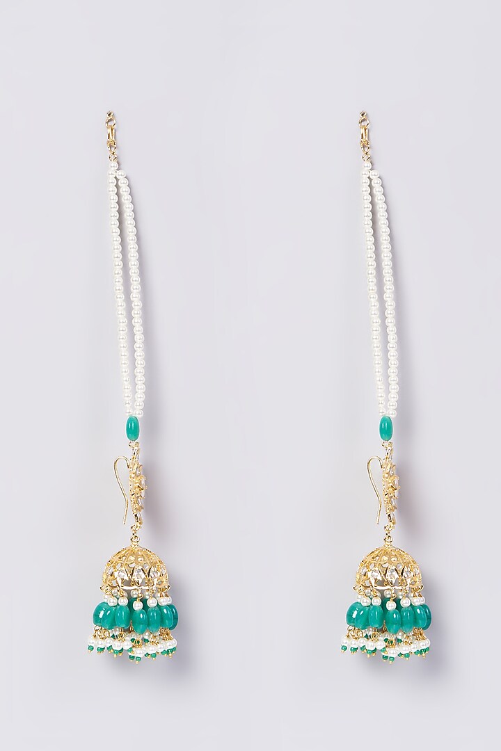 Gold Finish Kundan Polki & Green Drop Jhumka Earrings by VASTRAA Jewellery at Pernia's Pop Up Shop