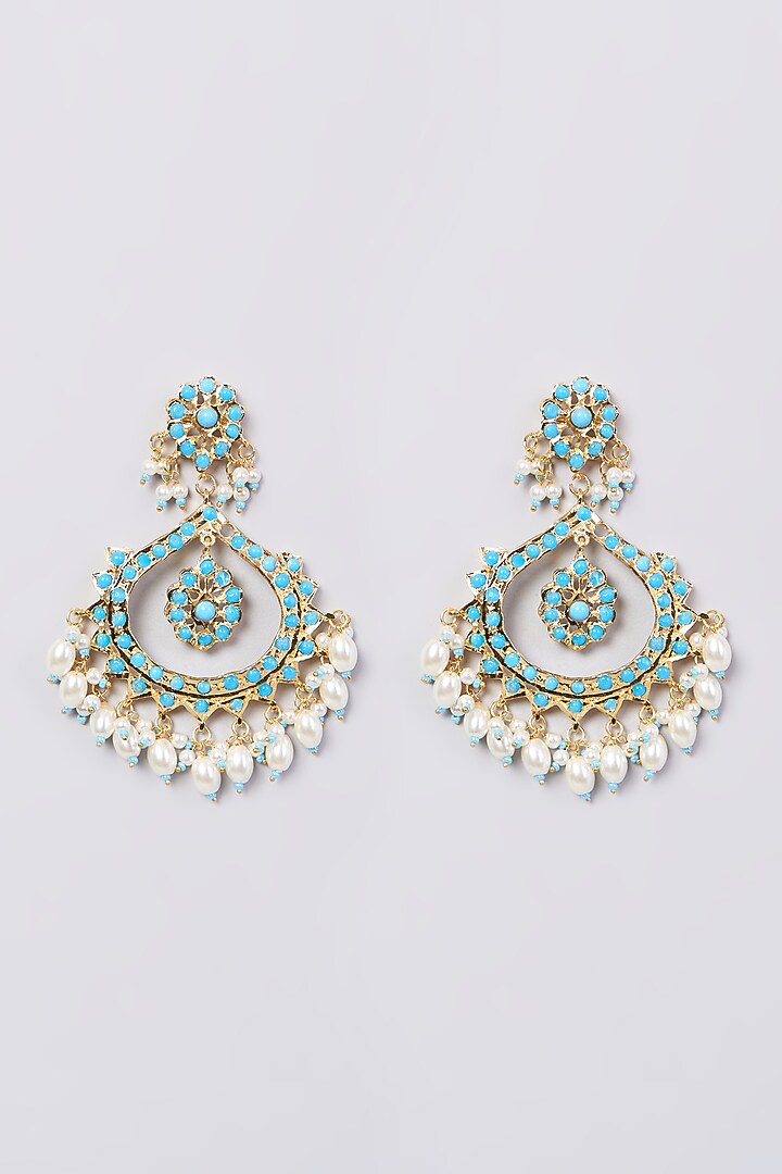 Gold Finish Blue Stone & Pearl Drop Chandbaali Earrings by VASTRAA Jewellery at Pernia's Pop Up Shop