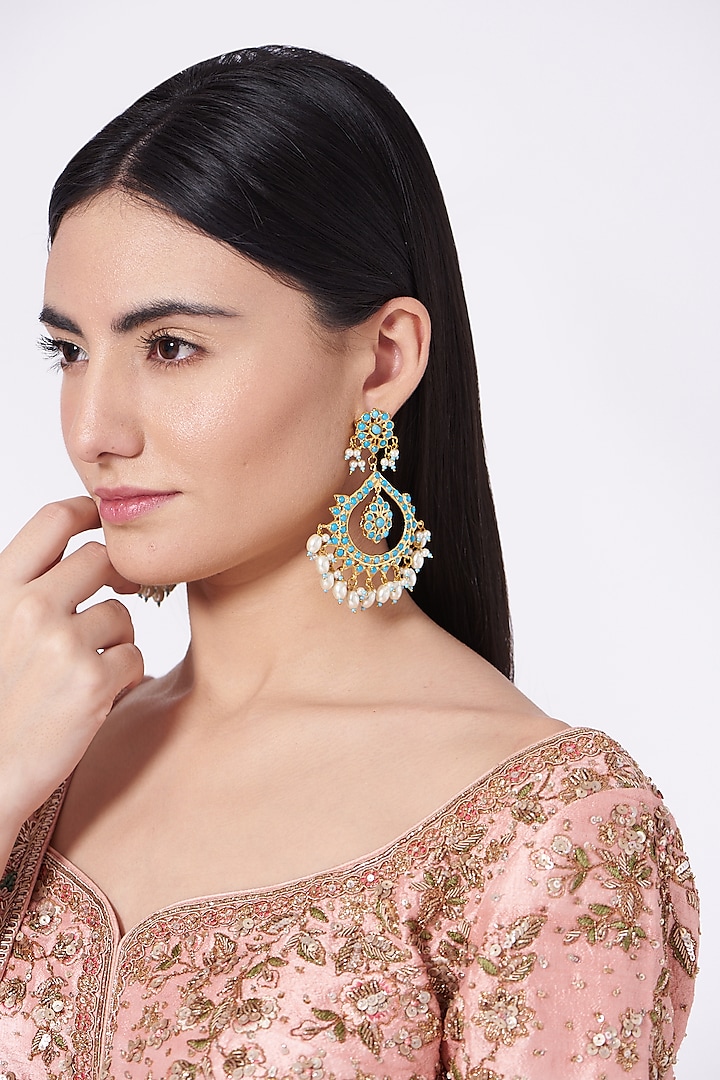 Gold Finish Blue Stone & Pearl Drop Chandbaali Earrings by VASTRAA Jewellery