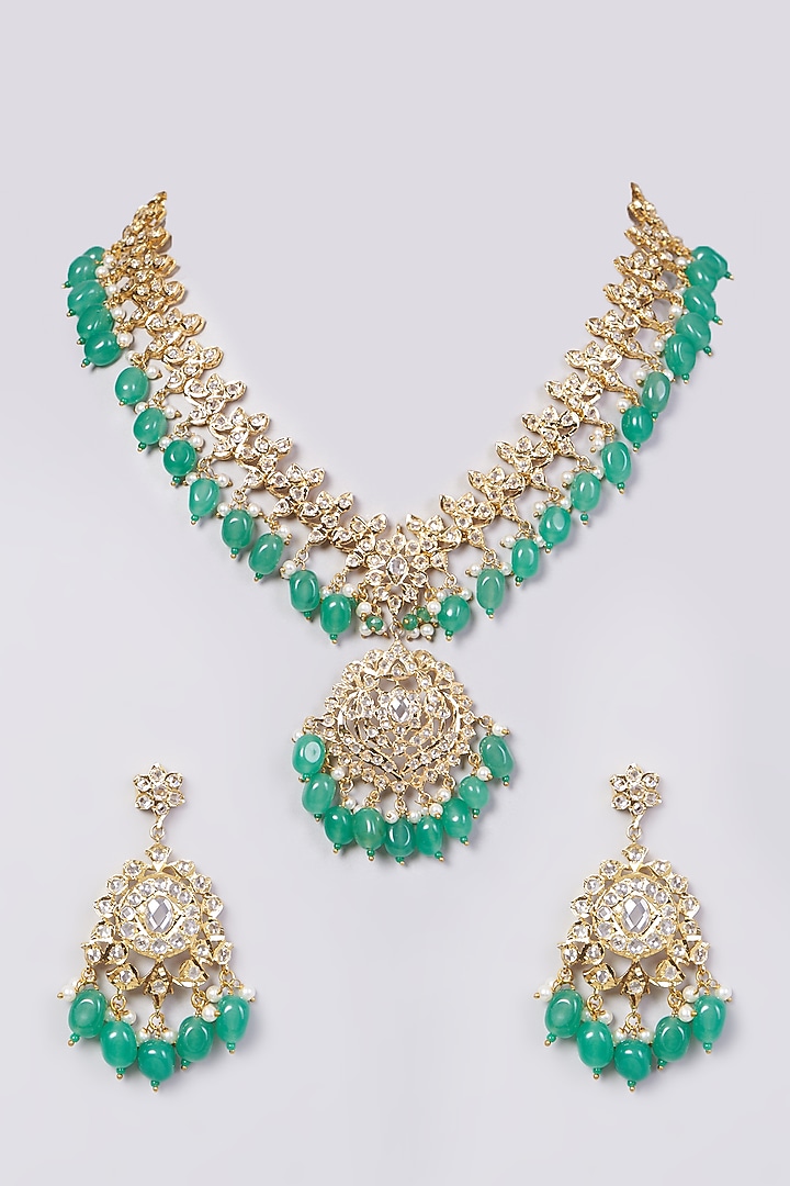 Gold Finish Kundan Polki & Green Drop Necklace Set by VASTRAA Jewellery at Pernia's Pop Up Shop