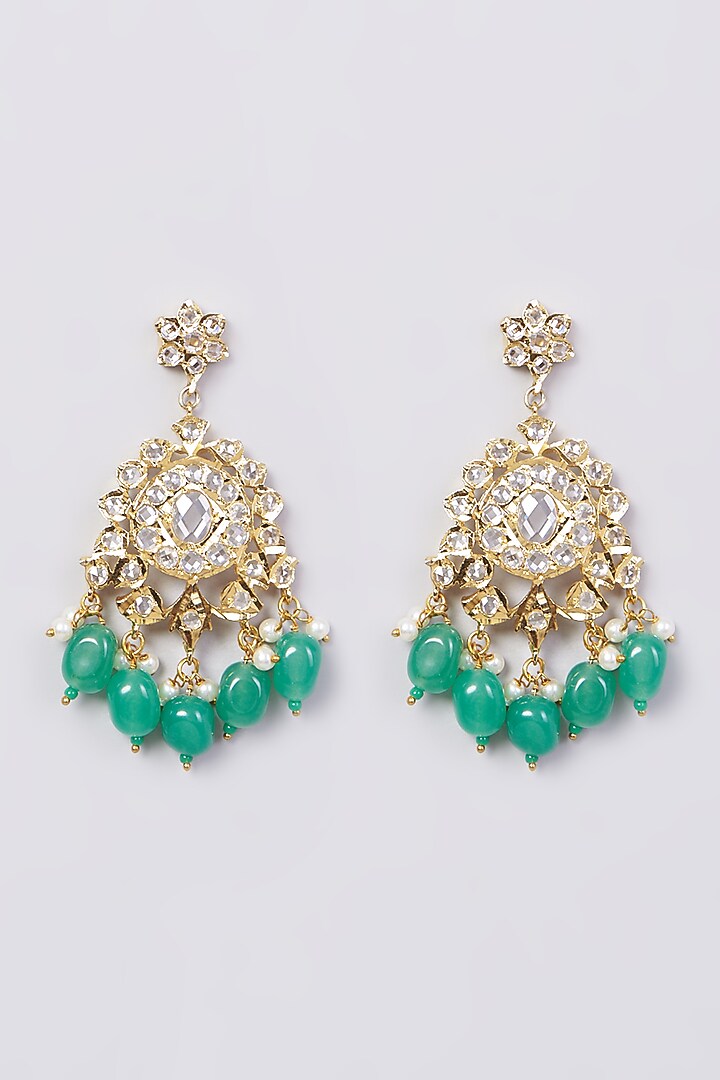 Gold Finish Kundan Polki & Green Drop Necklace Set by VASTRAA Jewellery at Pernia's Pop Up Shop