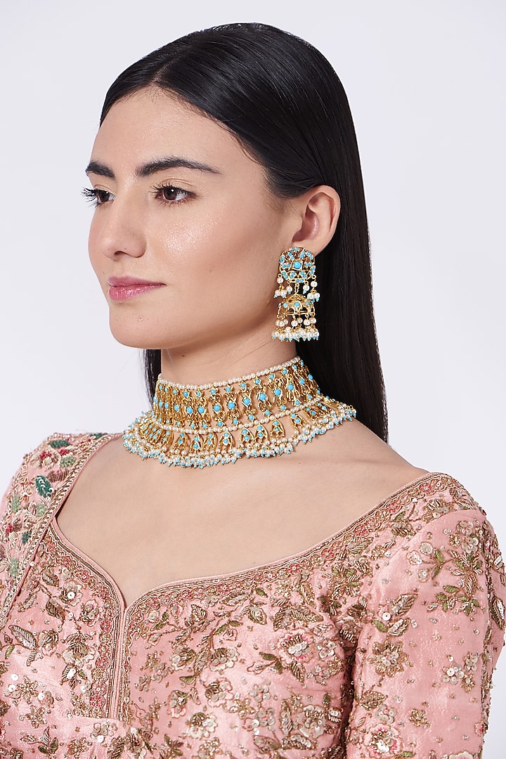 Gold Finish Blue Stone & Pearl Drop Choker Necklace Set by VASTRAA Jewellery