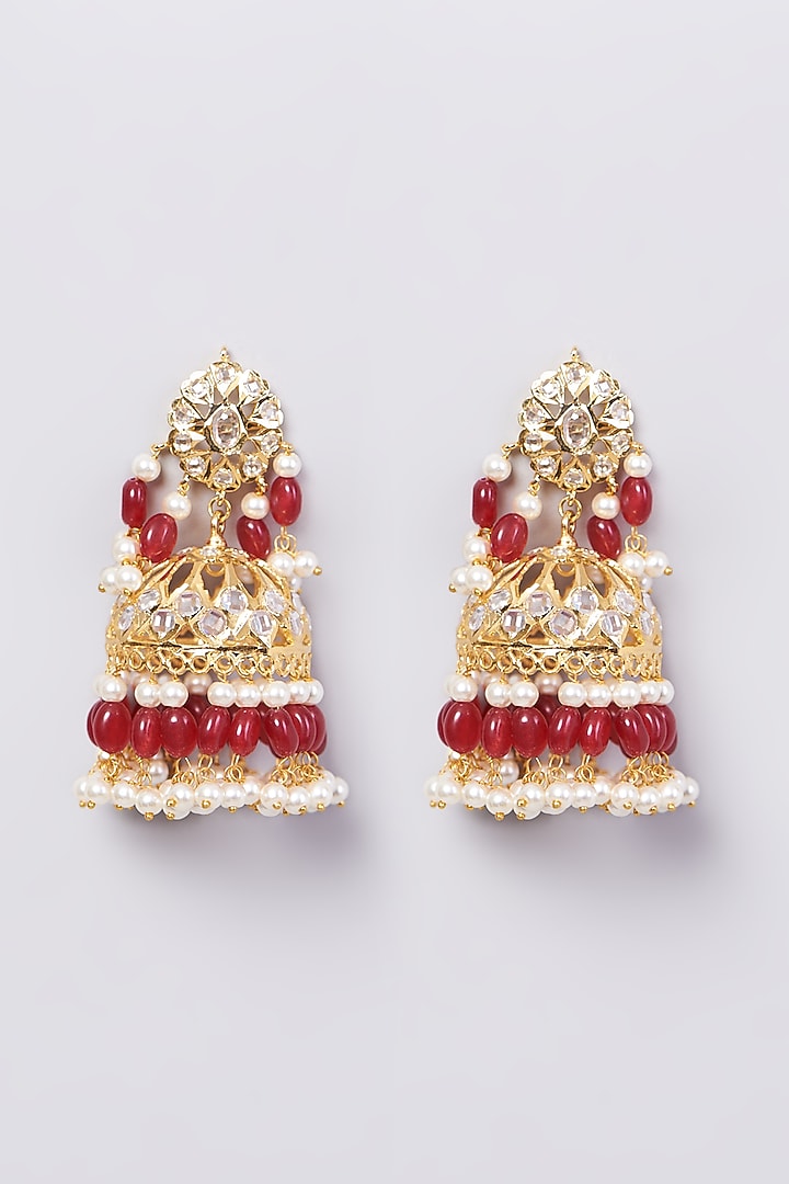 Gold Finish Kundan Polki & Red Drop Jhumka Earrings by VASTRAA Jewellery at Pernia's Pop Up Shop