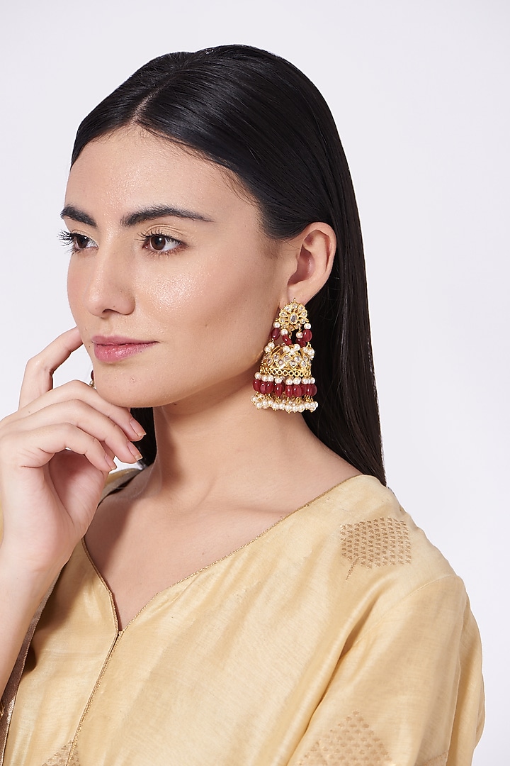 Gold Finish Kundan Polki & Red Drop Jhumka Earrings by VASTRAA Jewellery at Pernia's Pop Up Shop