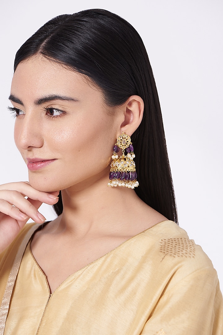 Gold Finish Kundan Polki & Purple Drop Jhumka Earrings by VASTRAA Jewellery
