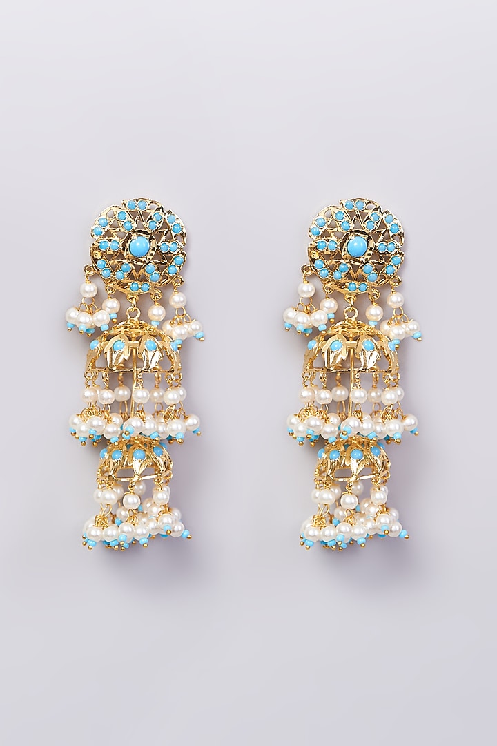 Gold Finish Pearl & Blue Stone Jhumka Earrings by VASTRAA Jewellery at Pernia's Pop Up Shop