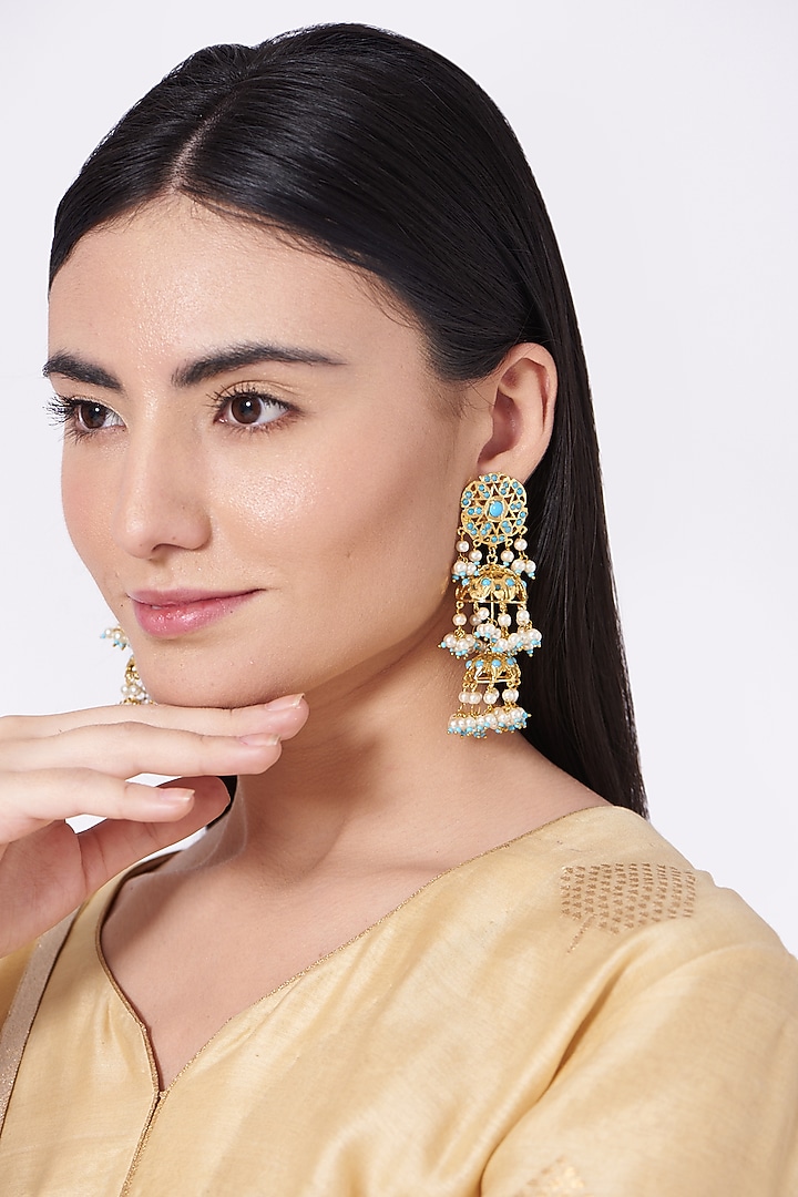 Gold Finish Pearl & Blue Stone Jhumka Earrings by VASTRAA Jewellery at Pernia's Pop Up Shop